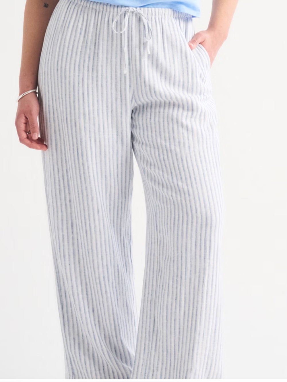 Hollister Light Blue & White Striped Drawstring Wide-Leg Sweatpants